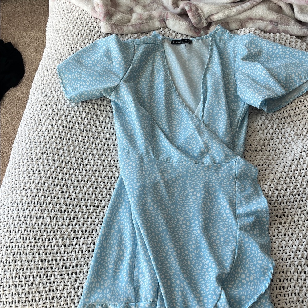 Blue Wrap Dress with White Pattern